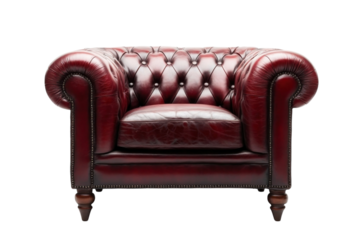 Luxurious burgundy leather Chesterfield armchair classic design richly detailed button tufting on transparent background