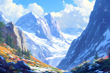 Breathtaking digital artwork of majestic snow-covered mountains under a bright sky. The foreground features a vibrant alpine meadow with wildflowers, trees, and a dramatic waterfall in the distance.