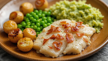Traditional Lutefisk Dish with Peas Potatoes and Bacon