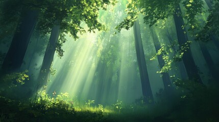 Obraz premium Sunlit forest floor, tall trees, dappled shade.