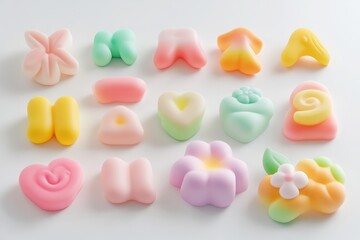 Colorful, shaped candies in pastel colors.  Various forms, including flowers, hearts, butterflies, and more