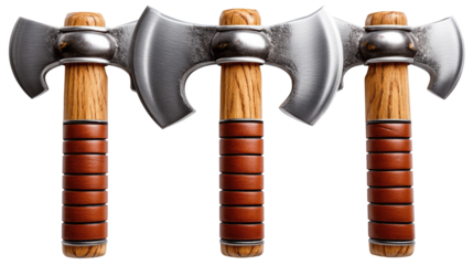 Triple Axe Display: An expertly-lit studio shot showcases three identical axes, each featuring a silver blade, wooden handle, and leather grip, offering a captivating display of craftsmanship.