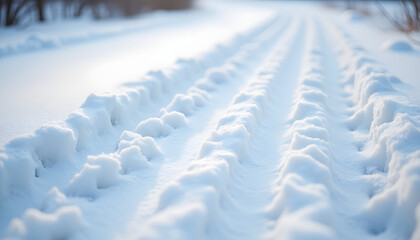Tire tracks close-up in bright white snow representing winter journey with copy space
