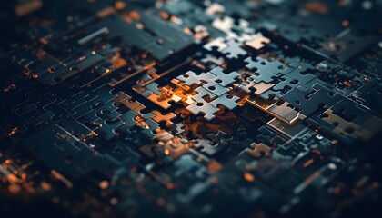 Technological Jigsaw Puzzle with Glowing Connections