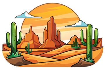 
Desert landscape of canyon scenery with cactus and butte. Panoramic view of wild west desert with cacti and a sunset sky. Vector illustration of the scenic Arizona desert with buttes and mesas.