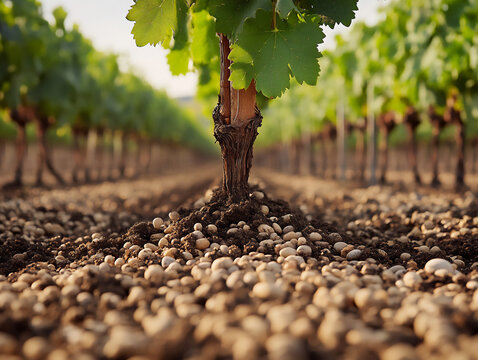 vineyard soil pebbles grapevine trunk