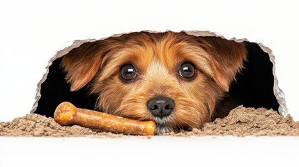 Tiny fluffy dog digging a hole to hide its bone, focused face and wagging tail, isolated white setting, ultra-adorable moment captured mid-action -