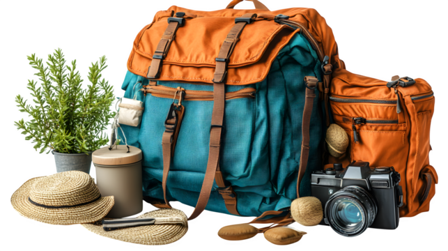 Lightweight summer backpack with travel essentials peeking out, isolated on white background