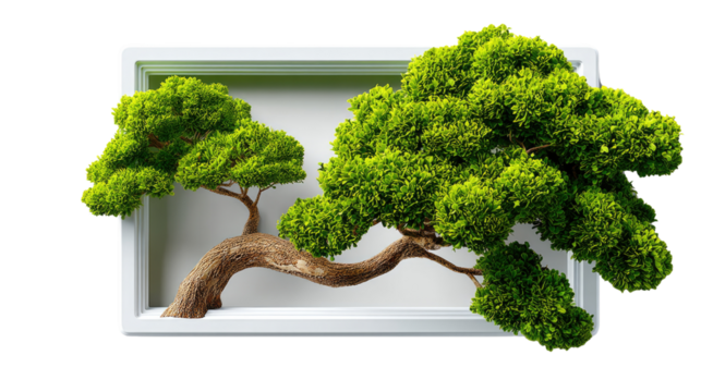 Bonsai in Display Case: Capturing the artistry of nature, a meticulously crafted bonsai tree is showcased within a modern, minimalist display case, showcasing its elegance and symbolic meaning.