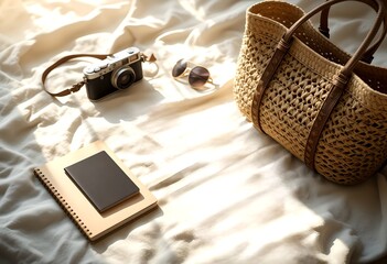 Relaxed Travel Essentials Camera Straw Bag Notebook and Sunglasses on a Bed