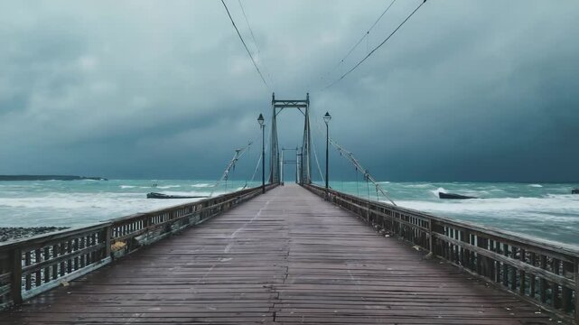 Wooden suspension footbridge stretching over ocean water during a storm with stormy ominous clouds, turbulent waves, and weathered wood planks