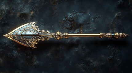Ornate Golden and Silver Arrowhead Spear Weapon on Dark Background
