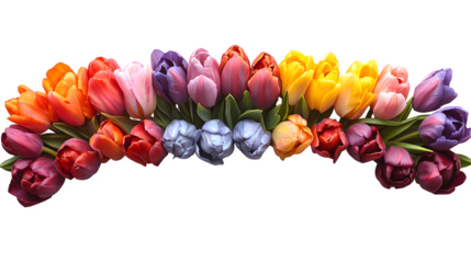 Rainbow of tulips forming a semicircle for event decor, isolated on white background