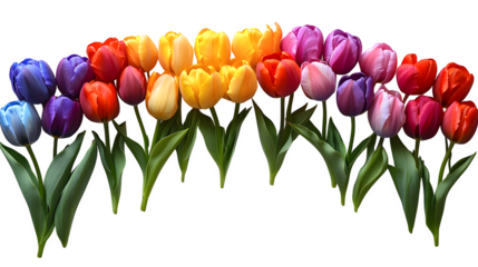 Rainbow of tulips forming a semicircle for event decor, isolated on white background