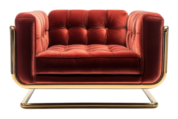 Luxurious red velvet armchair with gold accents a statement piece of modern furniture design on transparent background