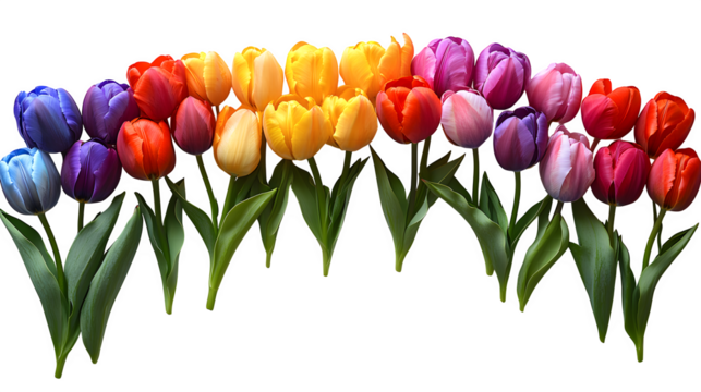 Rainbow of tulips forming a semicircle for event decor, isolated on white background