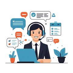 Customer Support Service Vector – Flat Illustration of Support Agent with Headset, Feedback Icons and Live Chat Bubbles on White Background for Web and App Design