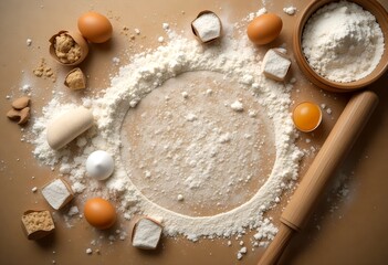 Baking Ingredients Flour Eggs and Rolling Pin on Beige Surface A Culinary Scene Ready for Baking
