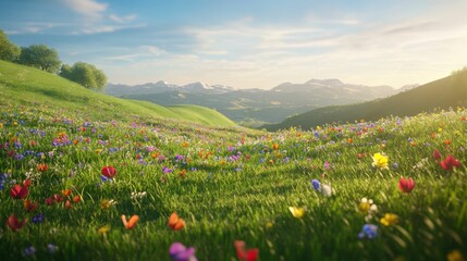 Obraz premium Mountain meadow, colorful wildflowers, sunny day.