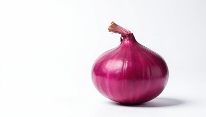 Single red onion, vibrant color, stark white background, produce, isolated, minimal