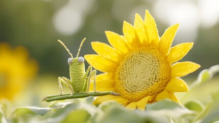 Whimsical Grasshopper Sculpture Crafted from Fresh Asparagus and Long Green Beans Perched Atop a Vibrant Sunflower in a Unique and Imaginative Food Art Display
