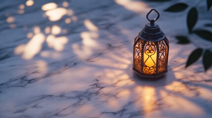 A traditional lantern on a white marble surface, glowing brightly, with its flame casting delicate shadows on the surface and creating a timeless, tranquil scene.