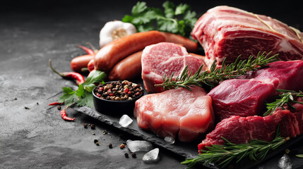 Raw meat assortment with spices and veggetables on a stone background