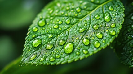 Close-up of a vibrant green leaf covered in water droplets