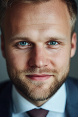 Business man on clean background, close up portrait of a smiling man in a suit