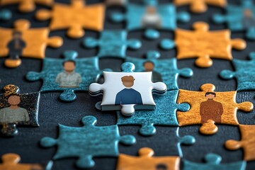 Puzzle pieces with people illustrations for team building concept and human resources