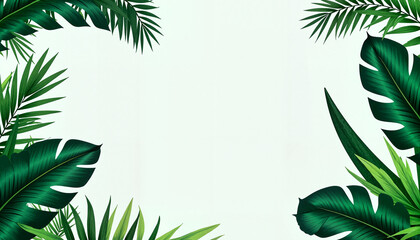 Tropical green leaves border on a light background  