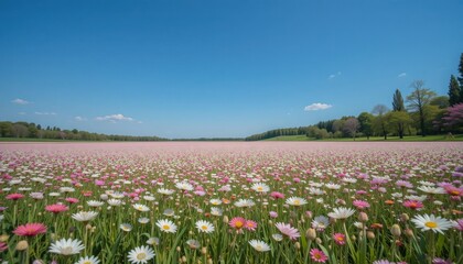 Breathtaking landscape of colorful flower fields under clear blue sky spring season nature photography scenic viewpoint tranquil environment