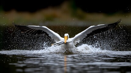 Fototapeta premium Dramatic Capture of a Pelican Scooping Up a Mouthful of Fish with a Powerful Dynamic Motion Showcasing Its Hunting Prowess in the Ocean or Coastal Environment