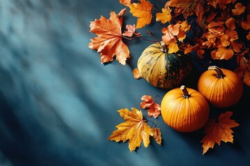 Autumn pumpkins and maple leaves on dark blue background with dramatic lighting festive fall harvest still life
