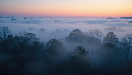 Obraz premium Misty sunrise over forest landscape tranquil nature scene aerial view soft light and fog creating dreamy atmosphere