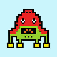 Obraz premium Retro Pixel Art Alien Character with Red Head and Green Body