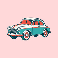 Retro Styled Illustration of a Classic Blue and White Automobile on Pink