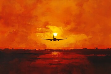 Naklejka premium airplane landing at sunset