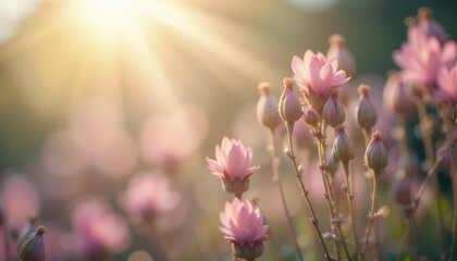 Fototapeta premium Blooming pink flowers in nature close-up shot sunlit background serene environment macro photography