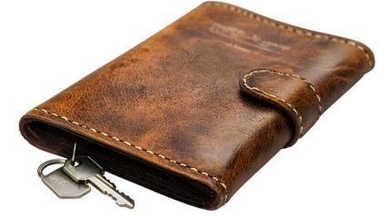 Luxury leather passport holder with boarding pass sticking out and vintage keychain, isolated on white, photorealistic