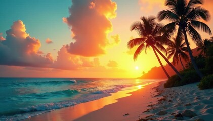 Warm sunlit beach with palm trees silhouetted against turquoise ocean at dusk, turquoise, dusk, beach