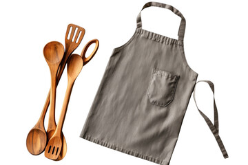 Rustic wooden spoons and spatula set with a stylish grey apron against a stark black on transparent background