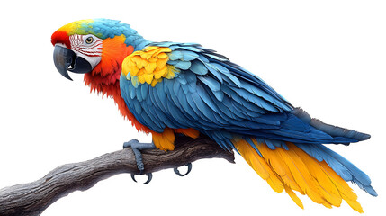 Macaw bird with bright blue and yellow feathers, realistic and crisp, isolated on white background
