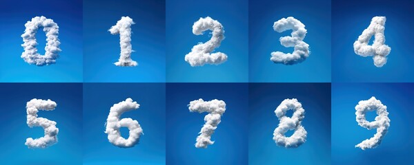 Complete Set of Cloud Numbers from 0 to 9 Floating in a Blue Sky Forming a Whimsical and Imaginative Numeric Typography Design