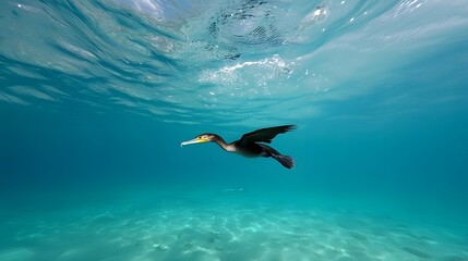 A cormorant diving deep into the underwater ocean chasing a fish with its sharp pointed beak in a dynamic and energetic hunting action