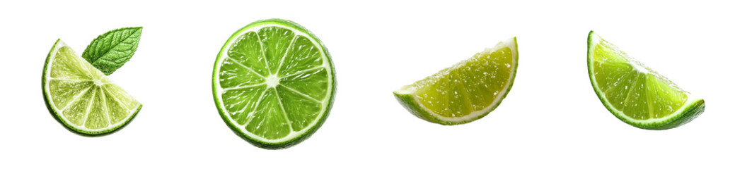 Fresh limes and mint, slices assortment, vibrant colors, cut out transparent