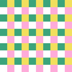 Checkered plaid repeat pattern in green yellow pink white.Geometric gingham seamless pattern for summer, Christmas.Colorful abstract background with squares.Vector graphic wallpaper.