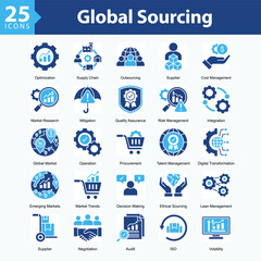 Global Sourcing is a collection of icons in sheet format representing global trade, supply chain management, product innovation, and international business collaboration.