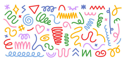 Abstract scribble stripe doodle shapes. Hand drawn wavy and curly lines, swirls, spirals and squiggles. Colorful retro decoration design elements vector set.