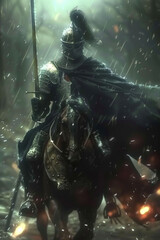 A lone knight, armored and mounted, rides through a rain-swept battlefield. His sword held high, his determination evident amidst the storm's fury.